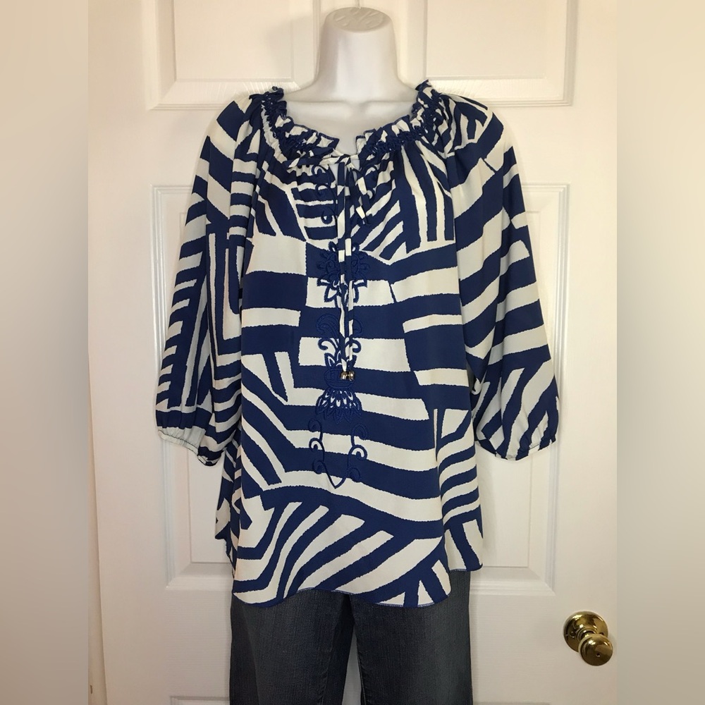 Joy Joy Women’s Navy White Embroidered Graphic Print Peasant Blouse M